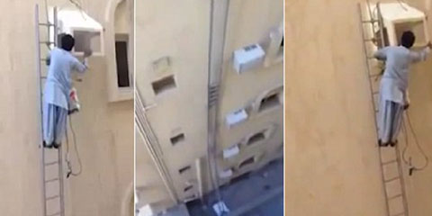 Vídeo mostra homem instalando caixa de ar-condicionado no 6º andar sem proteção