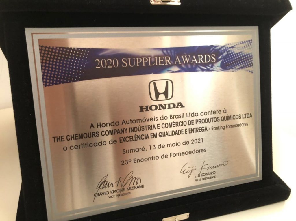 Chemours recebe reconhecimento da Honda Brasil - WebArCondicionado