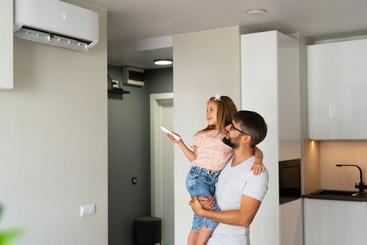 Adulto com criança usando controle remoto para ligar ar-condicionado split em apartamento, em artigo sobre 9000 ou 12000 BTUs.