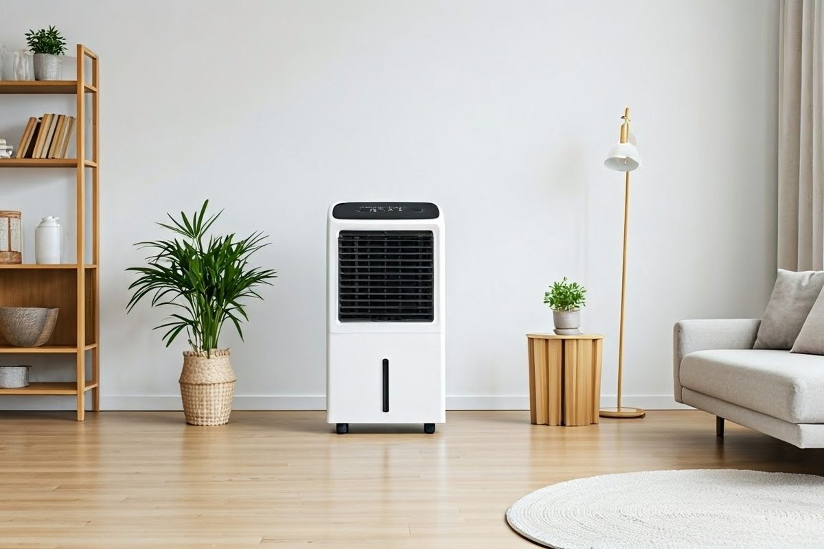 Climatizador de ar branco em sala de estar, usado para refrescar o ambiente em dias quentes.