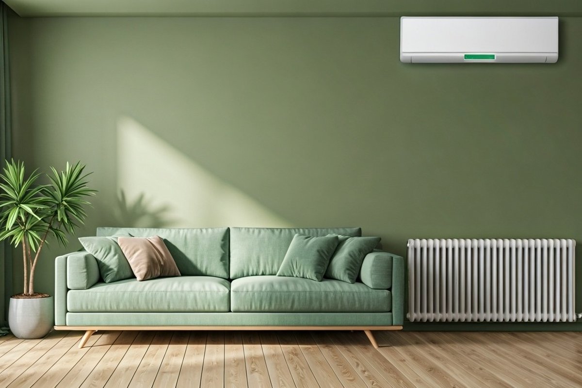 Ar-condicionado split branco instalado em parede verde, acima de um sofá, em sala iluminada pelo sol.