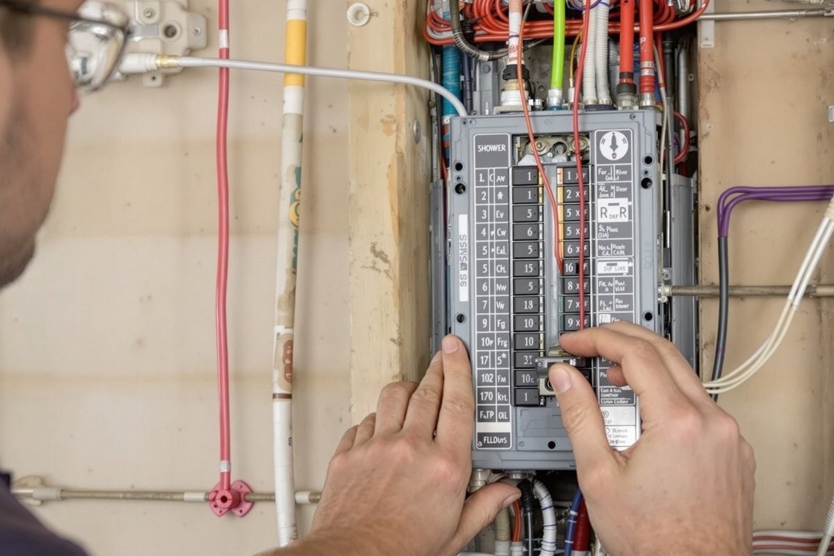Pessoa de óculos manuseando disjuntores em um quadro elétrico aberto, com cabos e eletrodutos à vista.